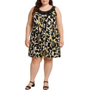 En Focus Floral Print Sleeveless Yellow Black Dress Black Lace Neckline Size 18
